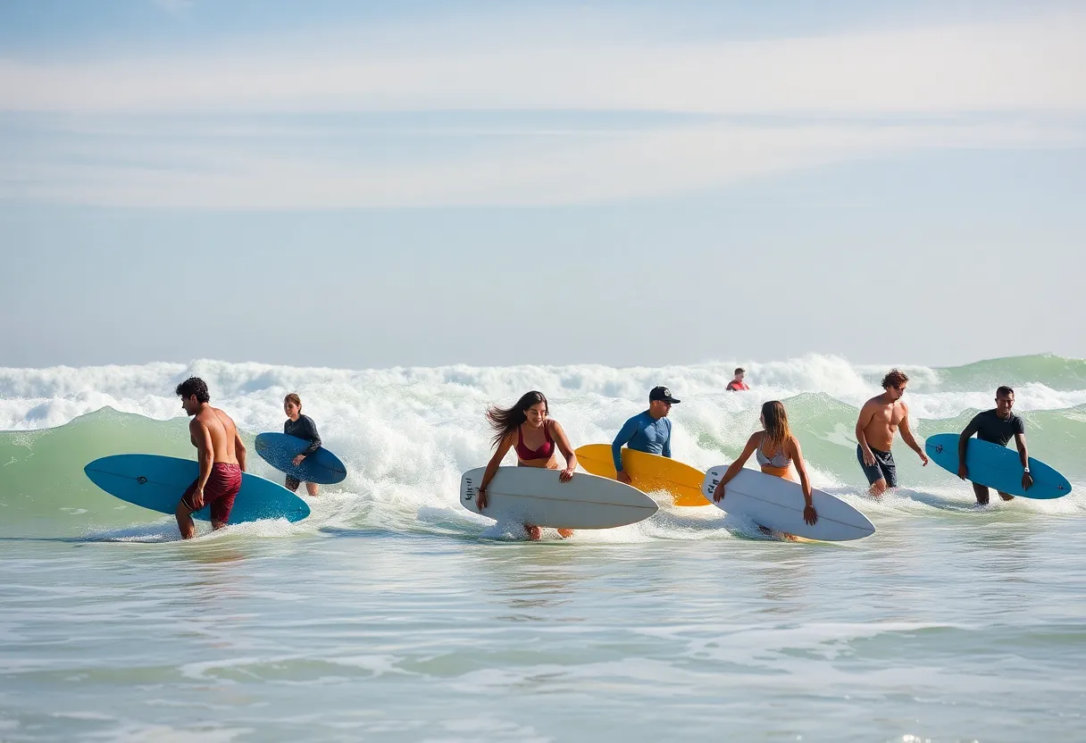A diverse group of surfers at Huntington Beach celebrating inclusivity in surfing.