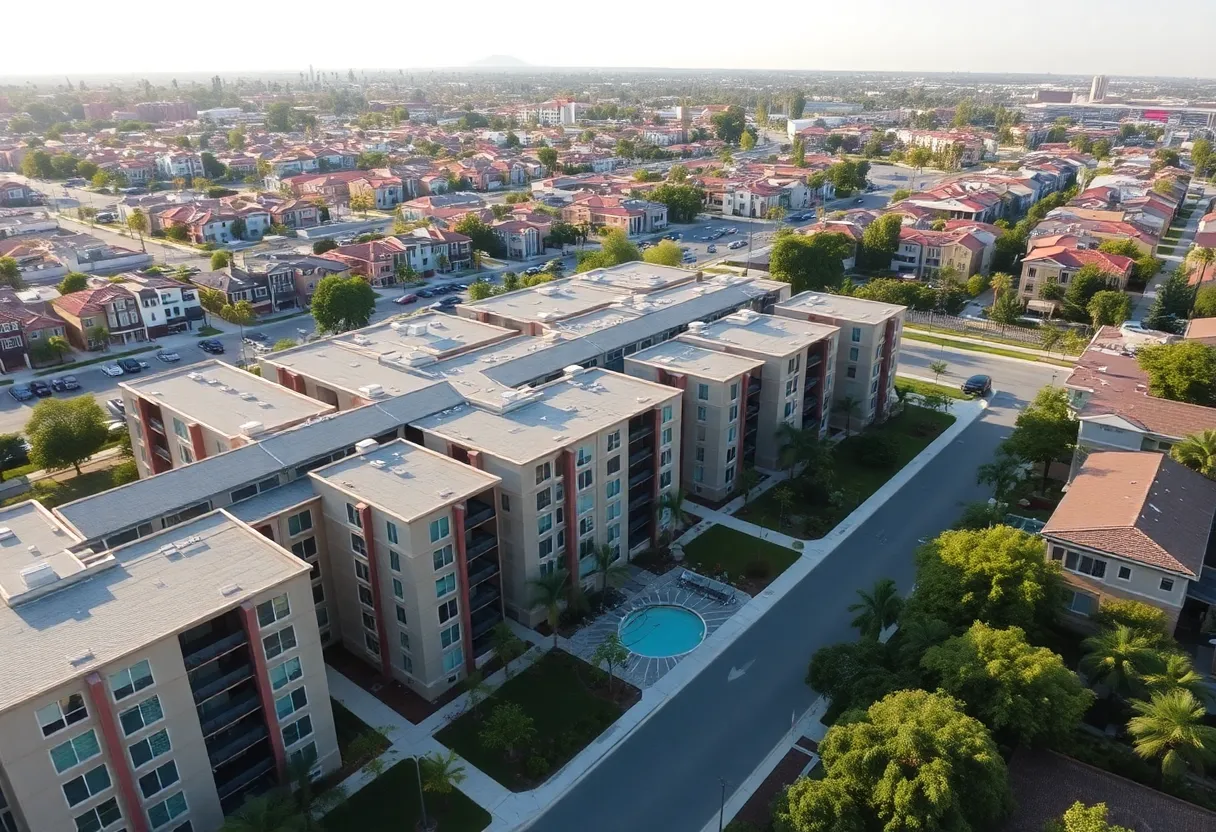 Aerial view of The Square multifamily complex in Downey, CA