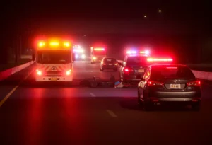 Emergency vehicles at the scene of a freeway crash due to drunk driving