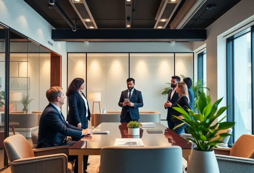 Team of wealth management advisors collaborating in a modern office setting.