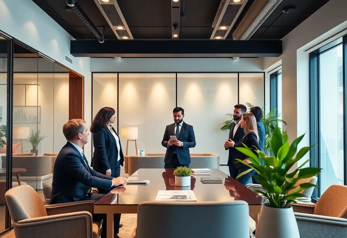 Team of wealth management advisors collaborating in a modern office setting.