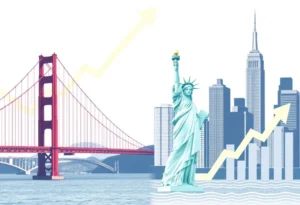 A representation of economic growth with California and New York landmarks.