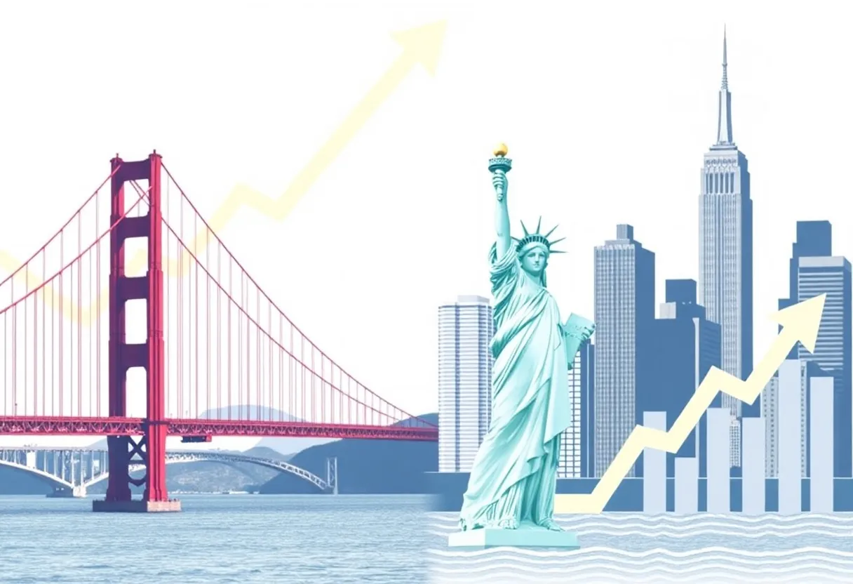 A representation of economic growth with California and New York landmarks.