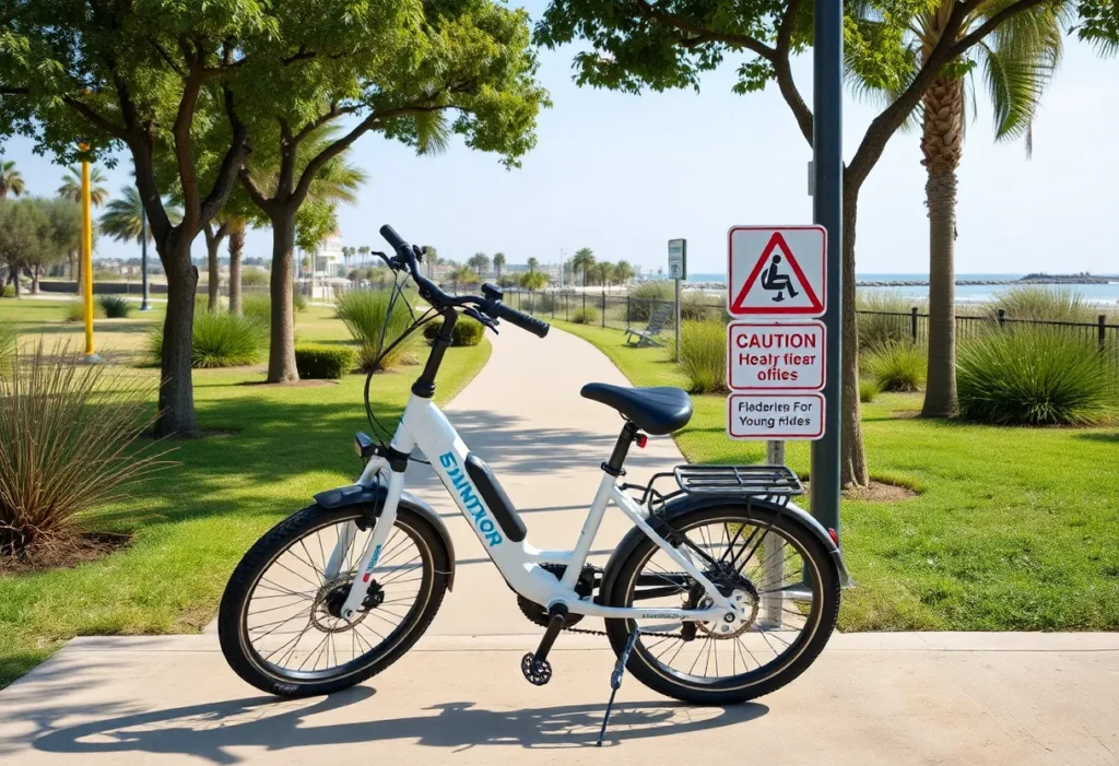 An empty e-bike parked in a Newport Beach park emphasizing safety