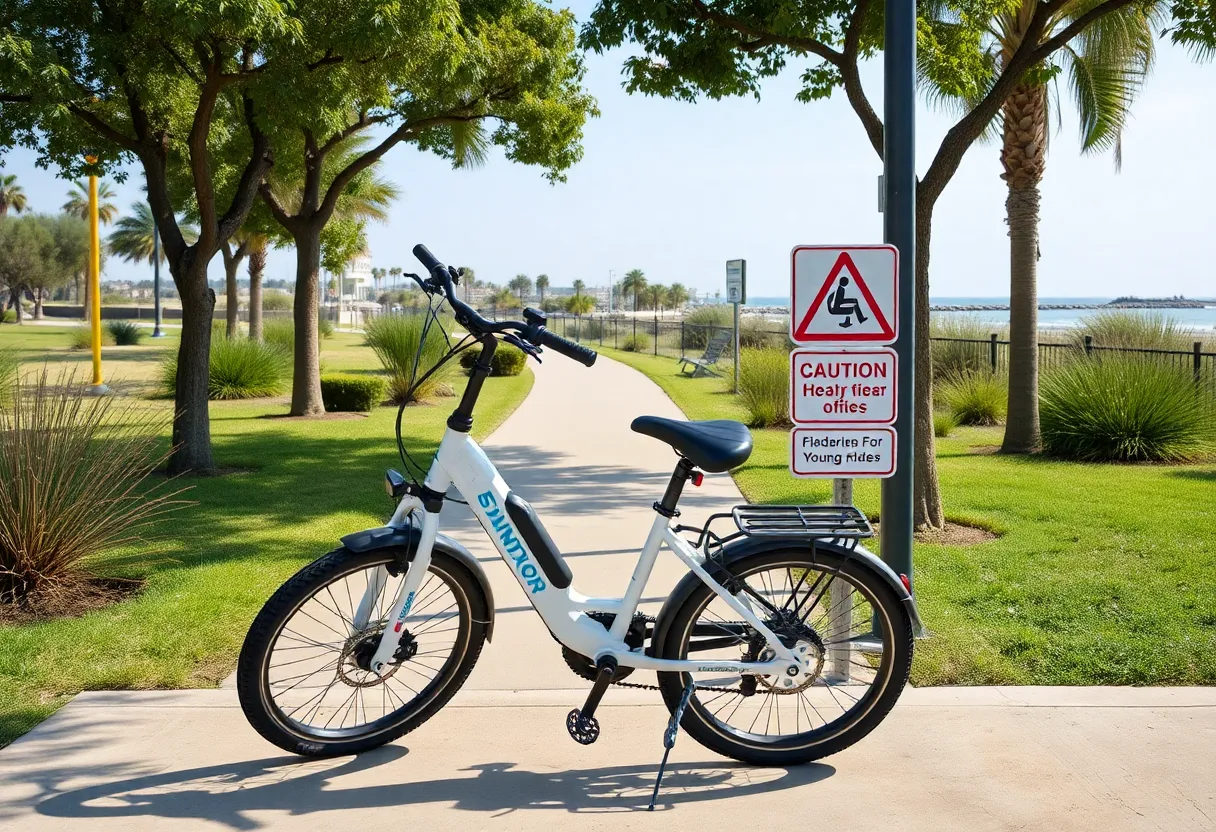 An empty e-bike parked in a Newport Beach park emphasizing safety