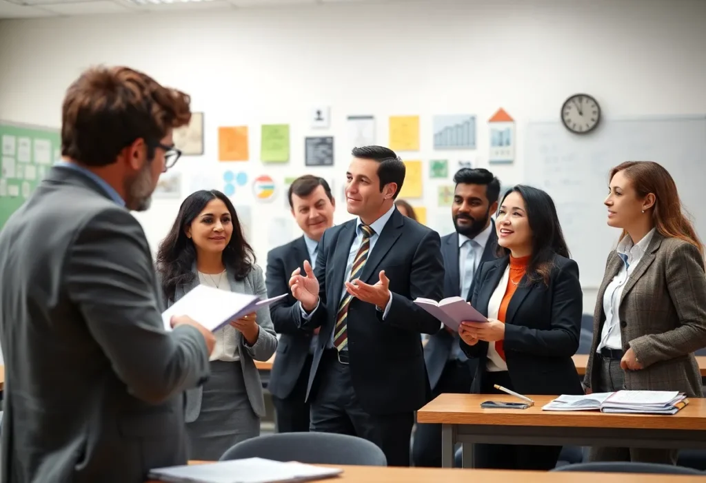 Professionals sharing knowledge in a classroom
