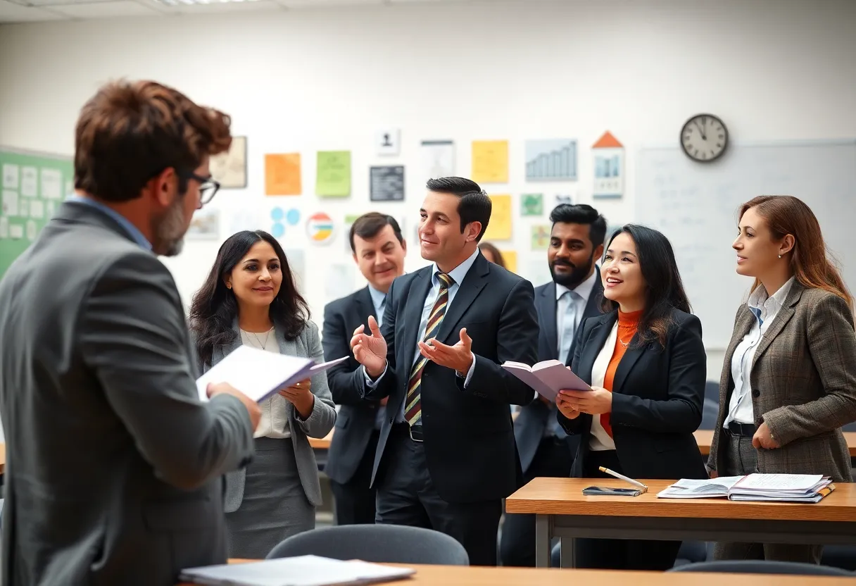 Professionals sharing knowledge in a classroom
