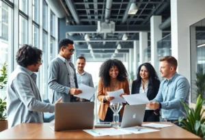 Diverse team collaborating in a modern office space at First American Financial Corp.