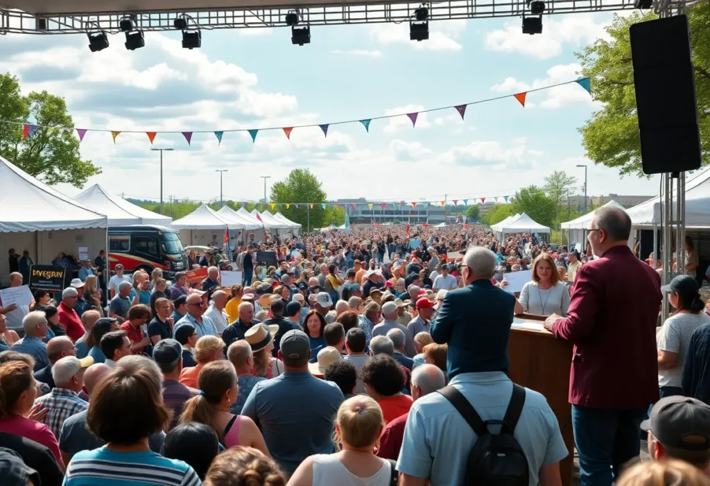 A crowd at an outdoor festival with speakers on stage discussing community issues.