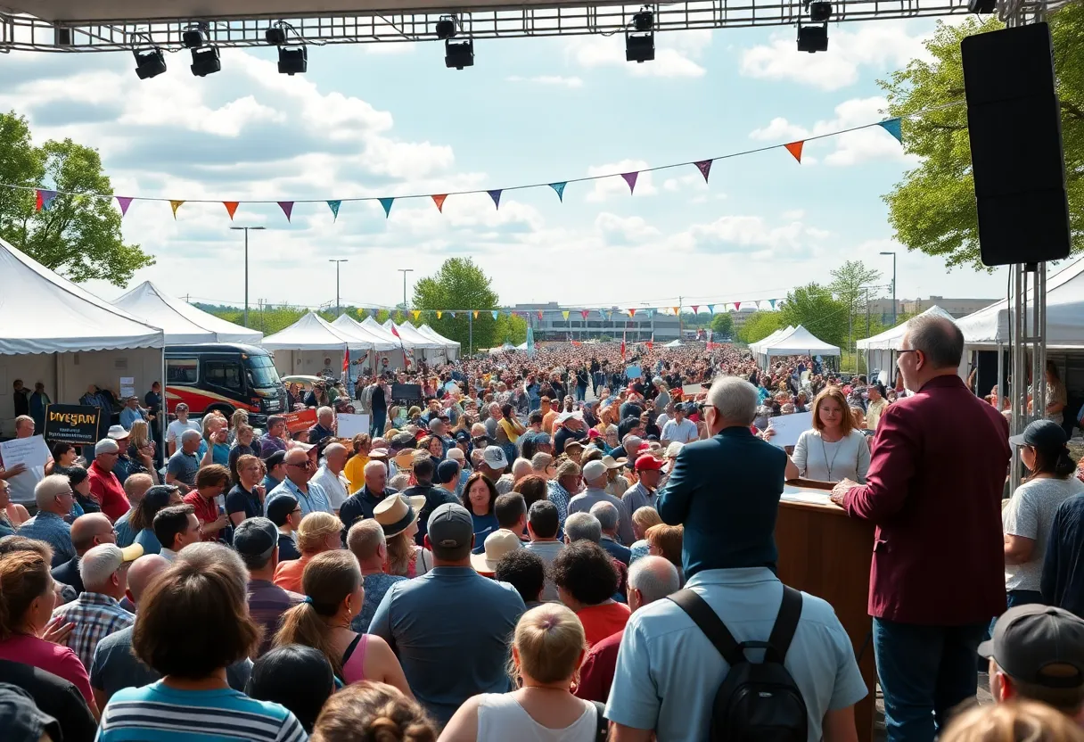 A crowd at an outdoor festival with speakers on stage discussing community issues.