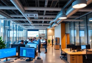 Submit Obituary Interior of GEICO's new Palo Alto office focusing on technology and innovation.