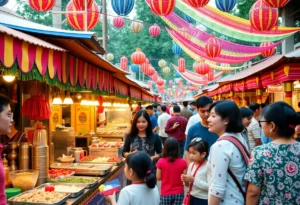 Crowd enjoying the Global Village Festival with various cultural displays and food stalls.