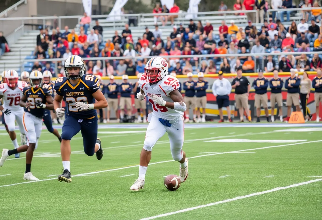 Football action between Golden West College and Orange Coast College.