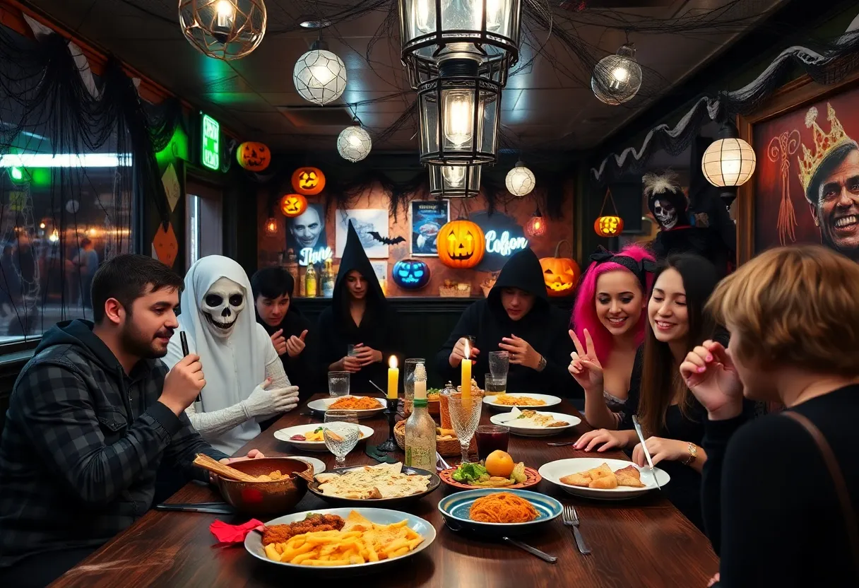 Customers enjoying Halloween-themed dining at a restaurant.