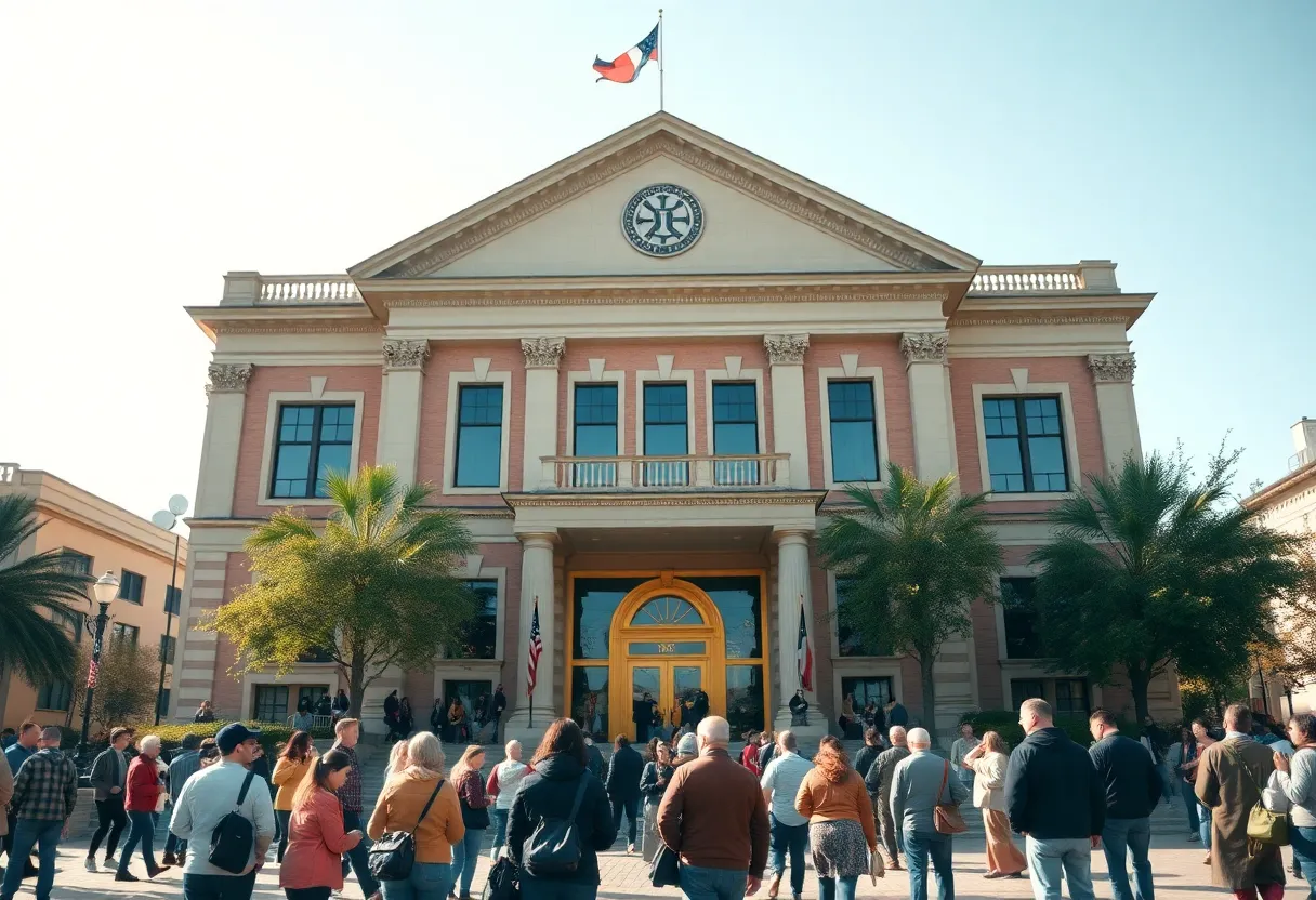 Huntington Beach City Hall with community members engaging.