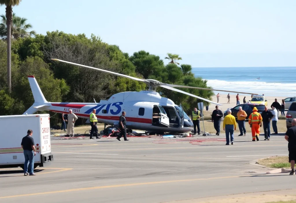 Scene of the helicopter crash in Huntington Beach with emergency responders.