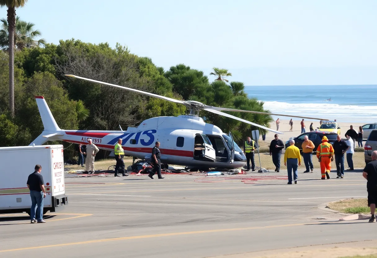 Scene of the helicopter crash in Huntington Beach with emergency responders.
