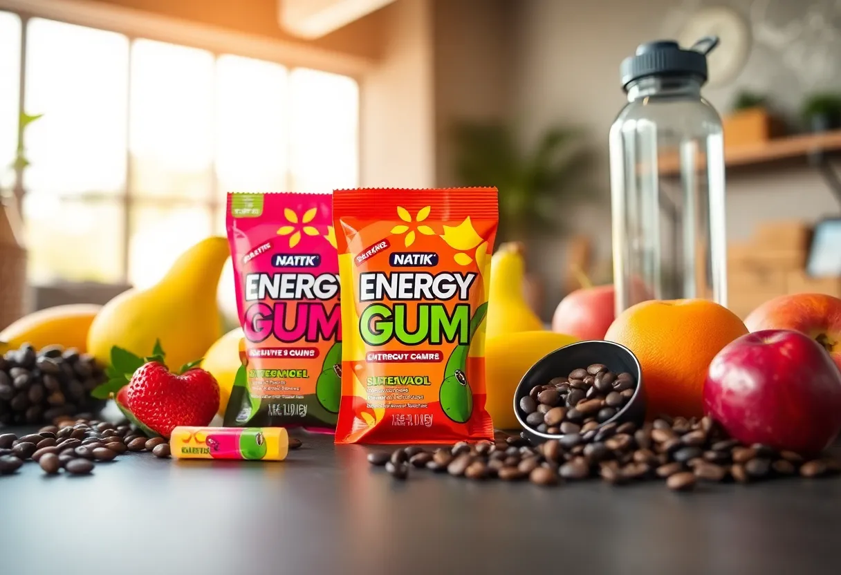 Instant Energy Gum packaging shown in a fitness environment