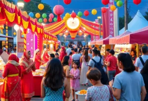 Families enjoying performances and food at the Irvine Global Village Festival