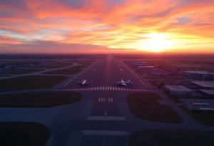 Aerial view of John Wayne Airport at sunset