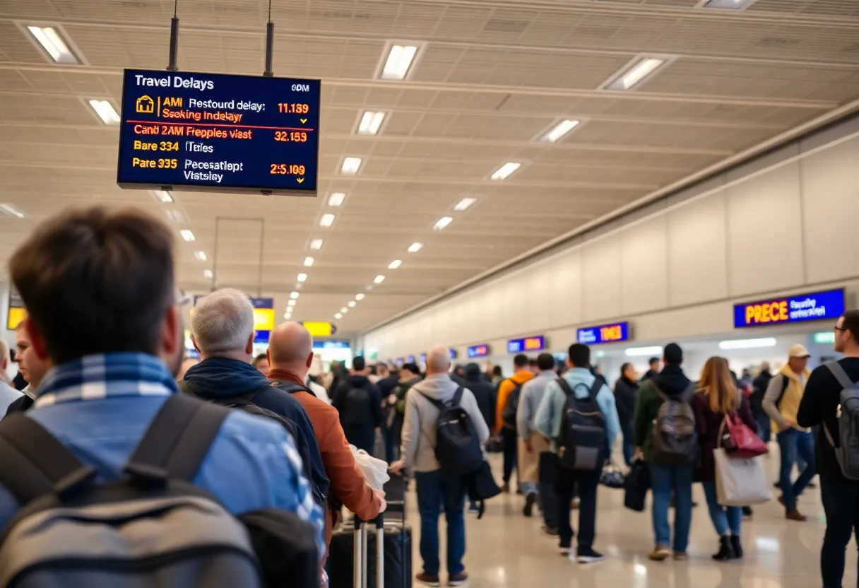 Travelers at John Wayne Airport navigating through the terminal during delays.