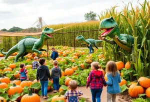 Families enjoying the Jurassic Fright pumpkin patch with animatronic dinosaurs