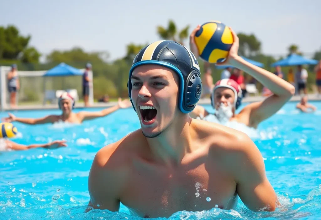 Players competing in a women's water polo match during the Legacy Crown event.
