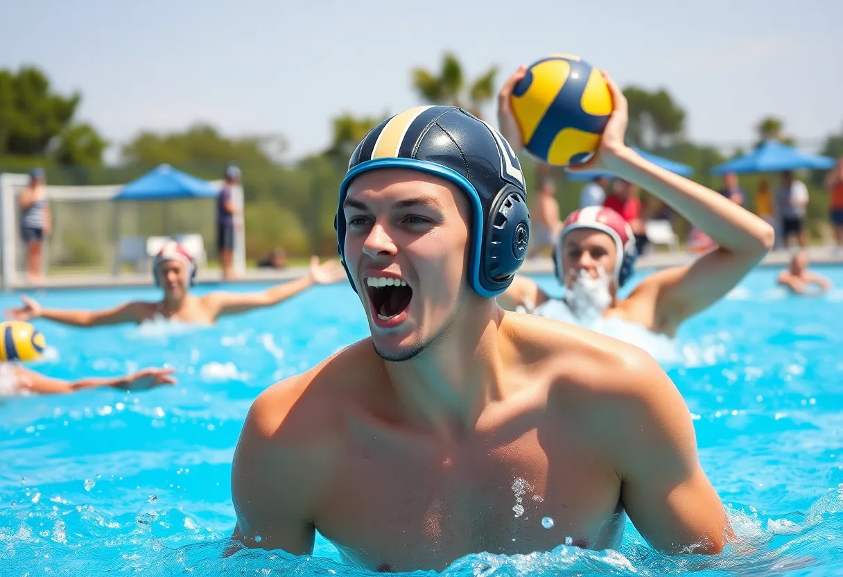 Players competing in a women's water polo match during the Legacy Crown event.