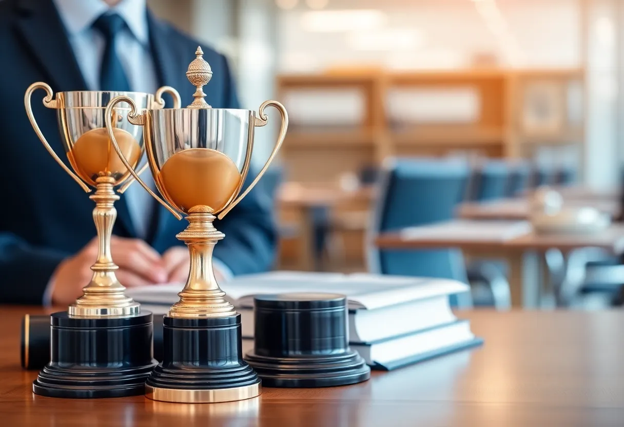 Trophy and law books representing legal achievements in a corporate setting