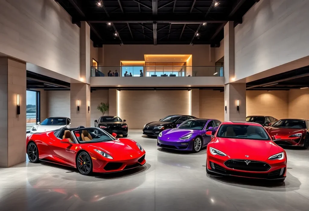 A view of luxury garage spaces featuring high-end vehicles at Finish Line Auto Club
