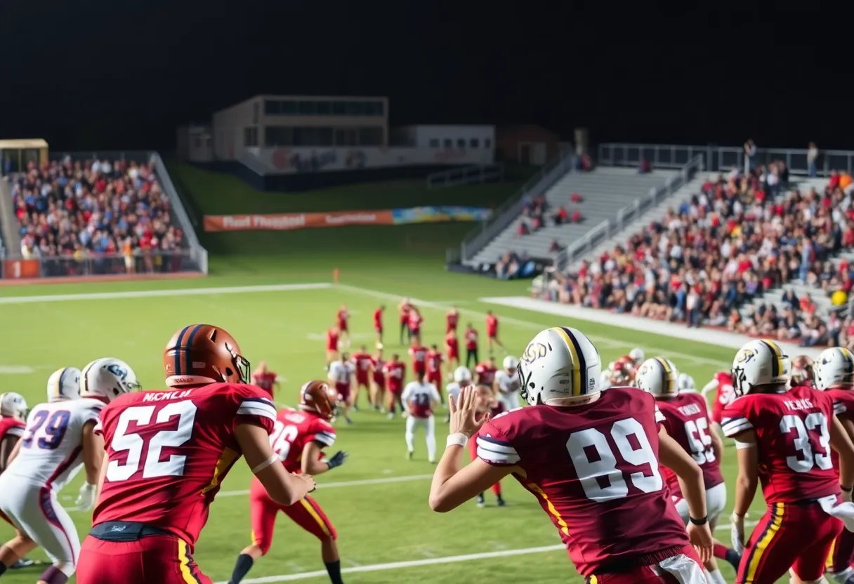 High school football game between Mater Dei and Servite with players in action and crowd in the background