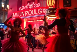 Explore A vibrant cabaret performance inspired by Moulin Rouge with colorful costumes.