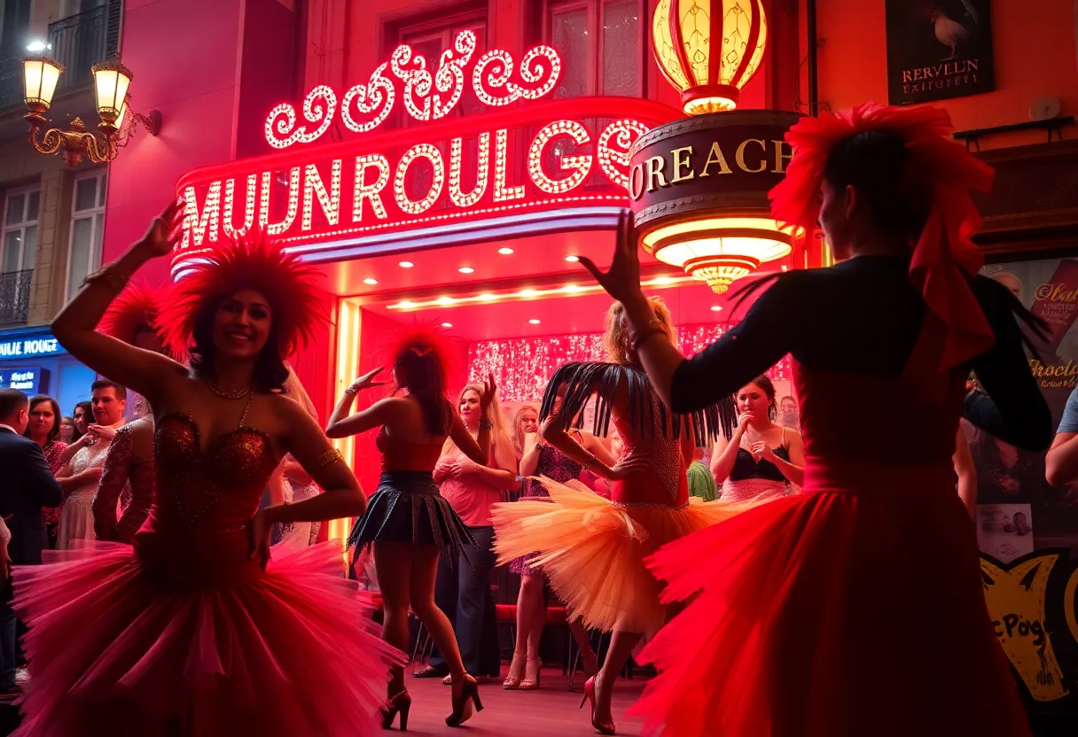 A vibrant cabaret performance inspired by Moulin Rouge with colorful costumes.