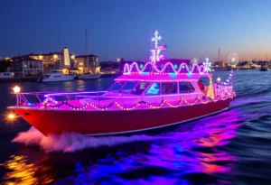 A decorated boat with Christmas lights at Newport Beach