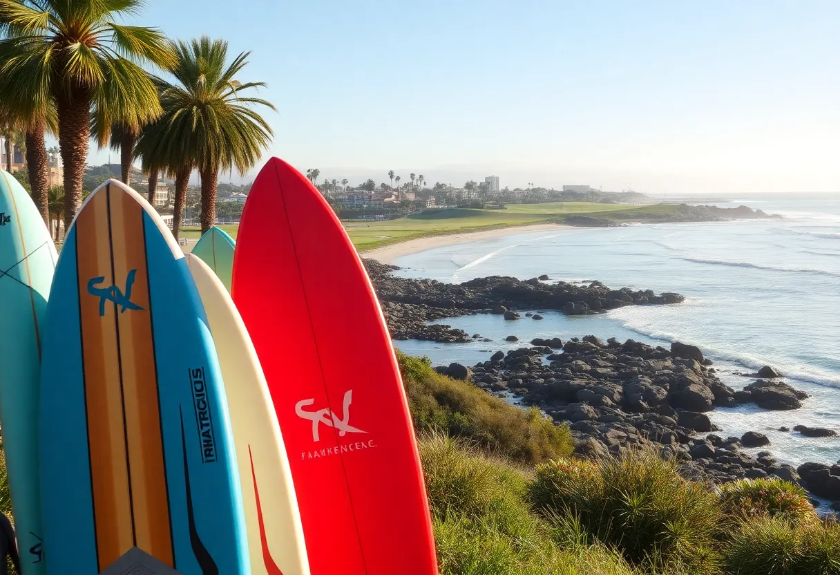 View of Newport Beach with surfboards and golf course