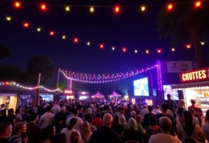 Crowd enjoying the Newport Beach Film Festival with film posters and lights