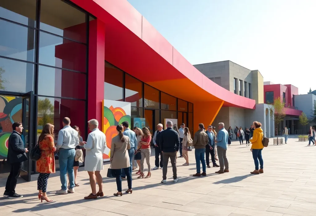 A vibrant scene of people at a modern art museum celebration.