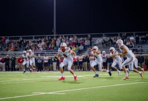 High school football players in action during a game in Orange County