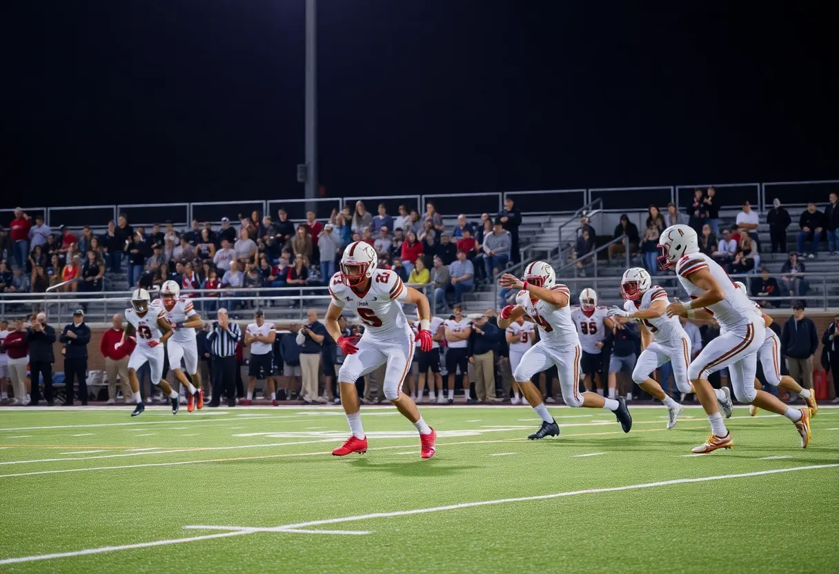 High school football players in action during a game in Orange County
