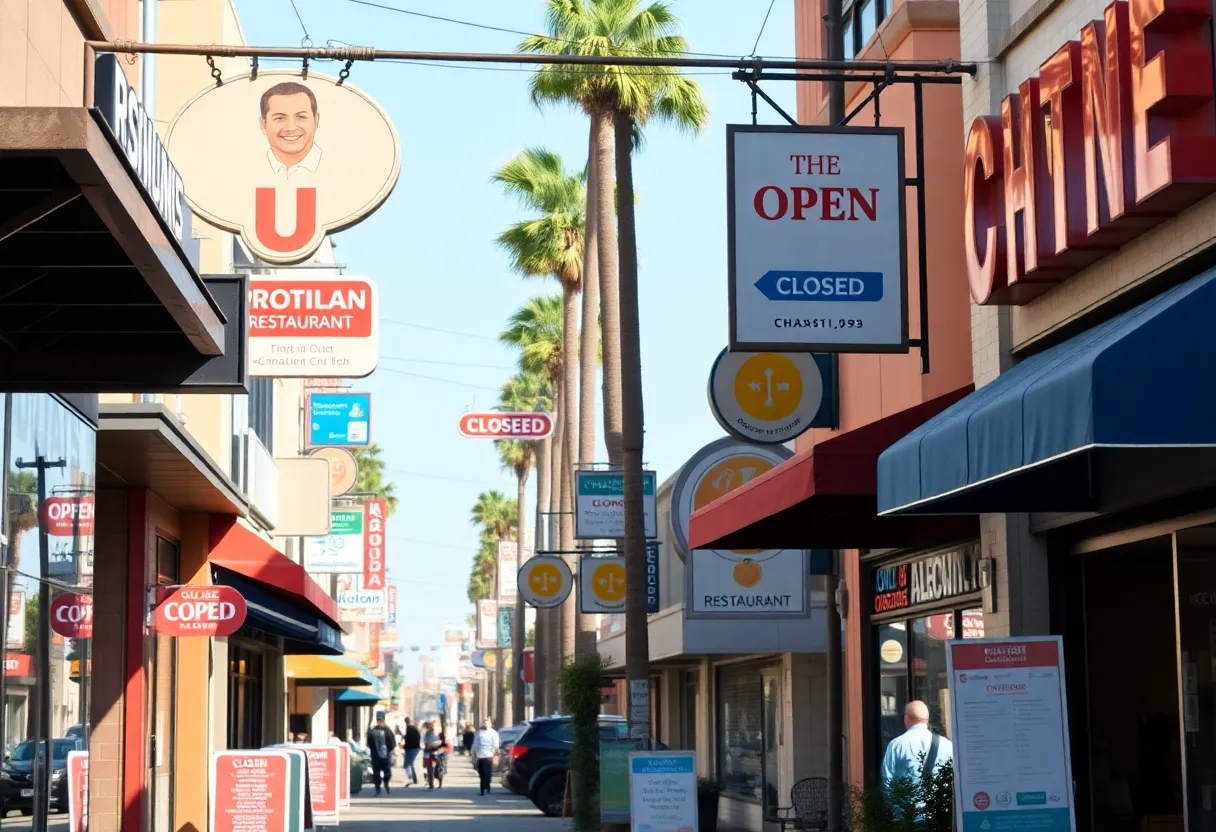 Street view of Orange County restaurants with open and closed signs.