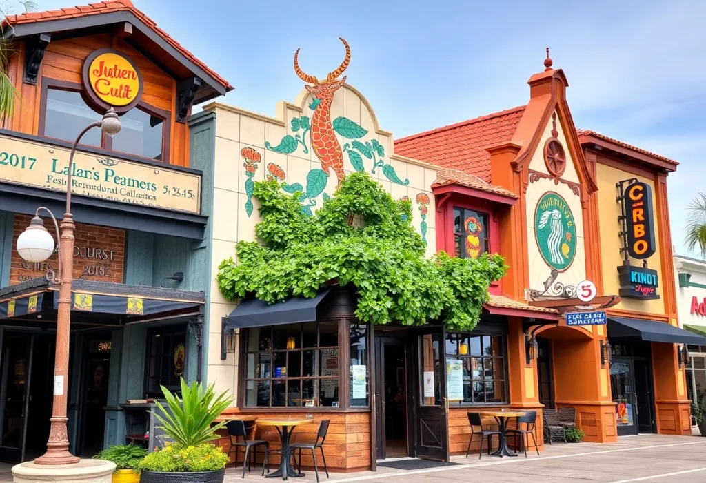 A collage of various unique restaurants in Orange County showcasing their distinctive designs and themes