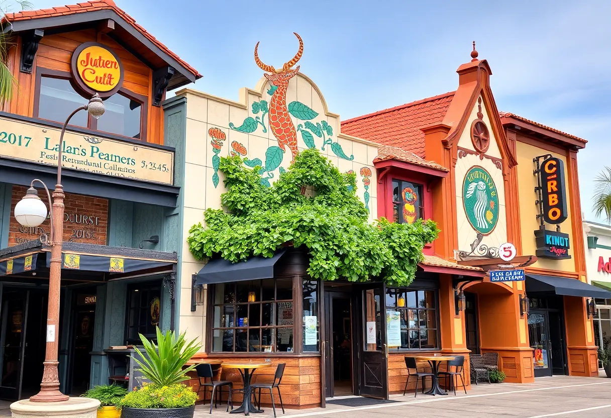 A collage of various unique restaurants in Orange County showcasing their distinctive designs and themes