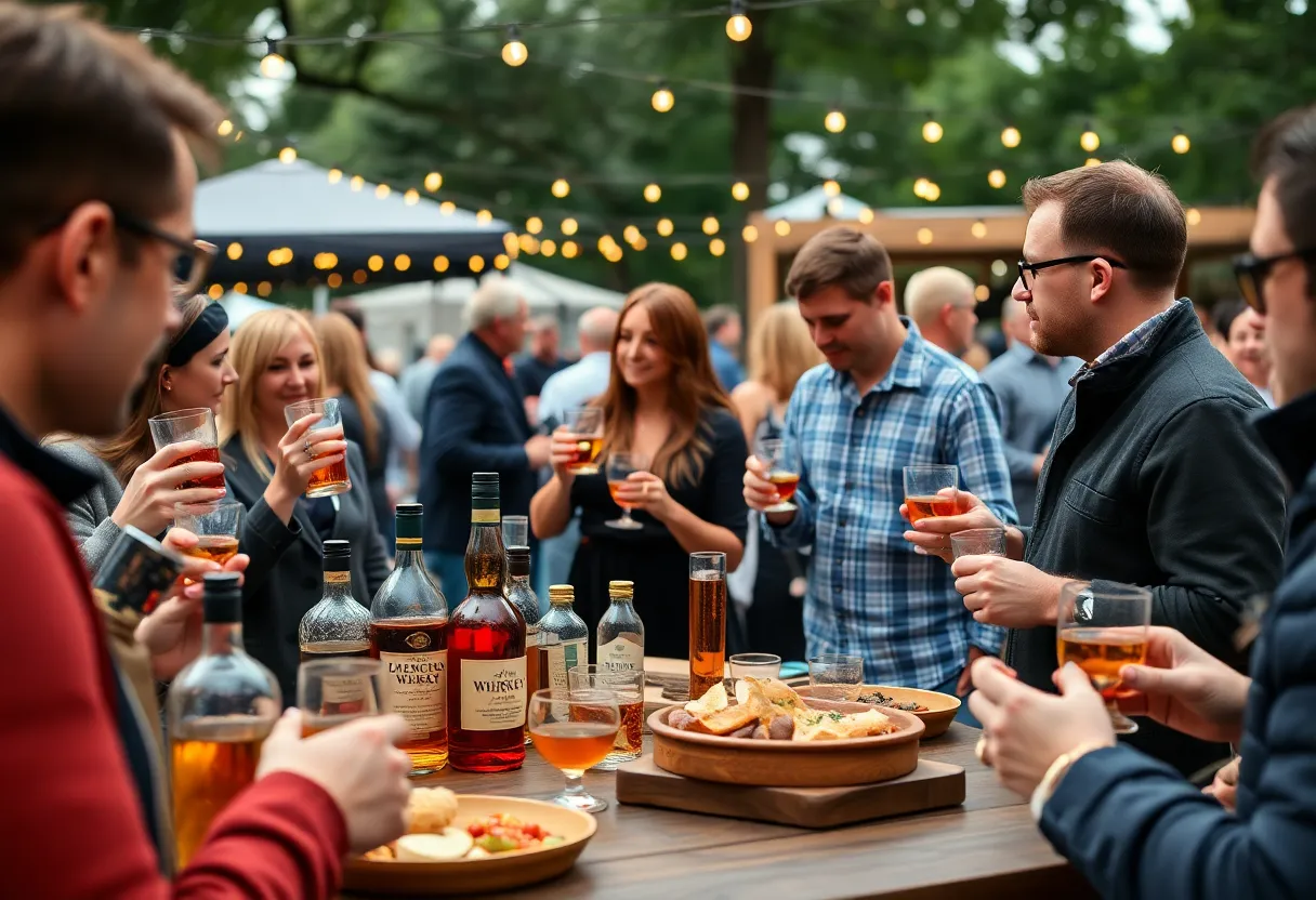 Outdoor whiskey tasting event featuring various whiskey brands and food pairings.