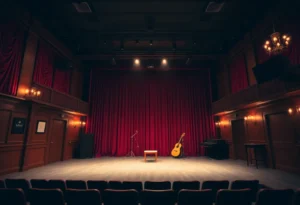Theater stage set for a cabaret show with spotlights.