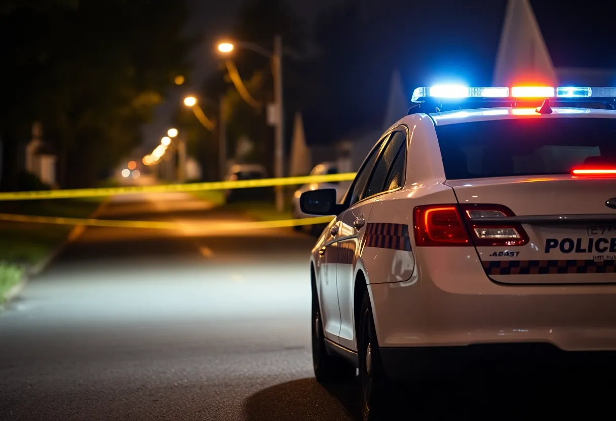 Police car at night near a crime scene in Costa Mesa
