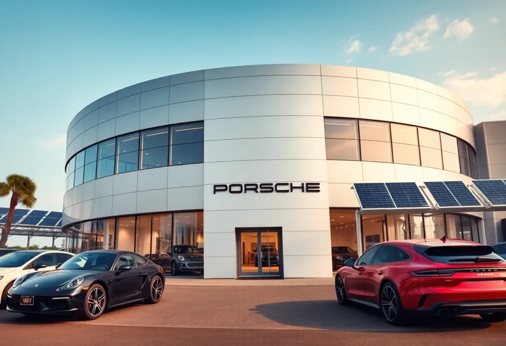 Exterior view of the Porsche Newport Beach dealership featuring modern architecture.