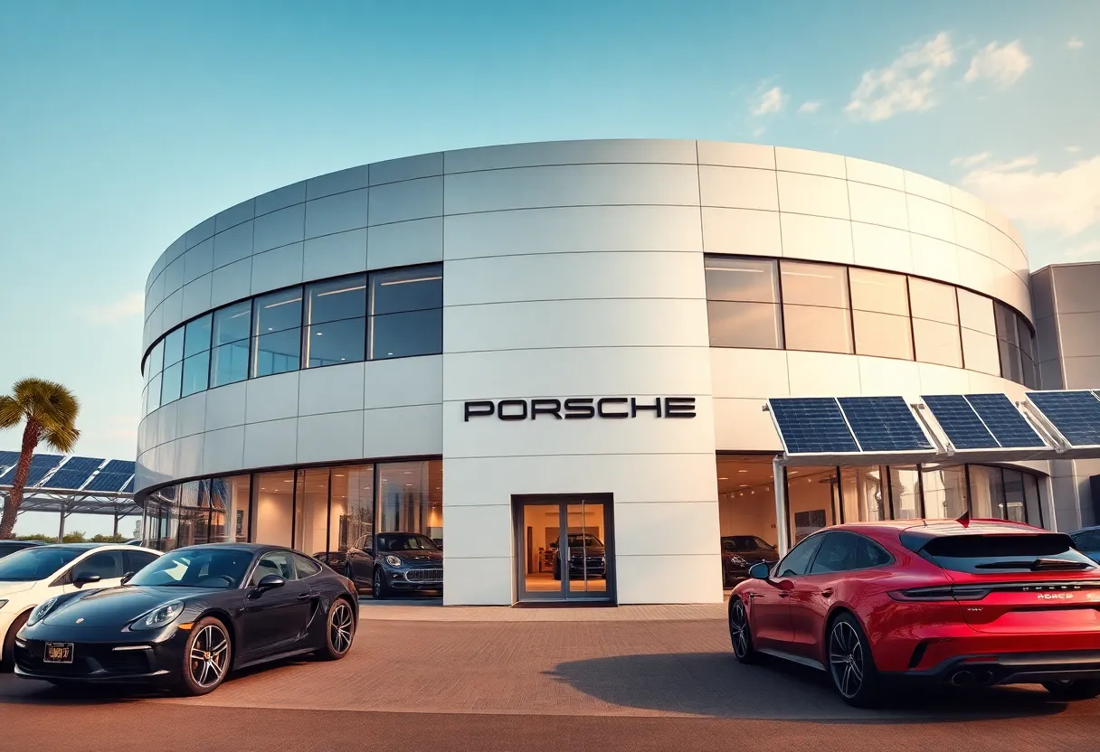 Exterior view of the Porsche Newport Beach dealership featuring modern architecture.