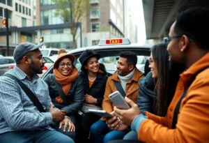 Diverse group of rideshare drivers participating in a meeting about union rights.