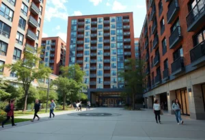 Students navigating a college housing complex with a security checkpoint