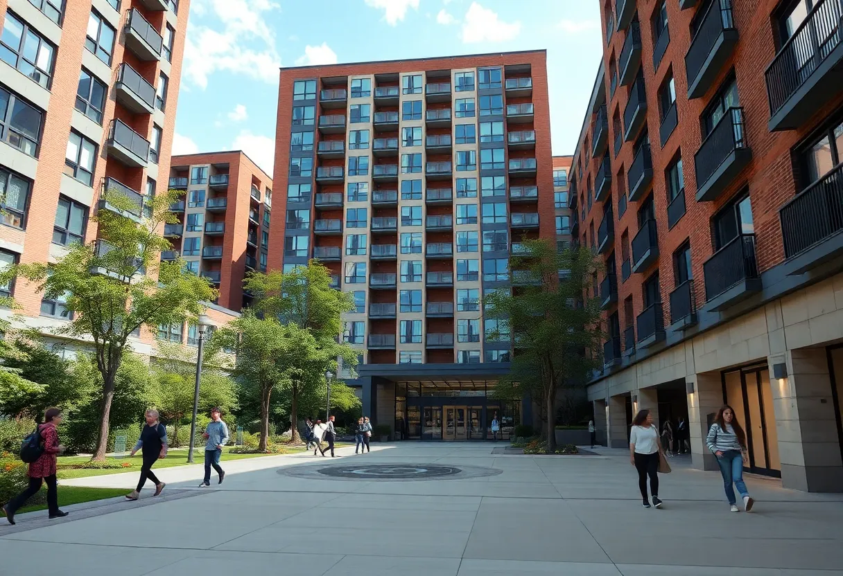 Students navigating a college housing complex with a security checkpoint